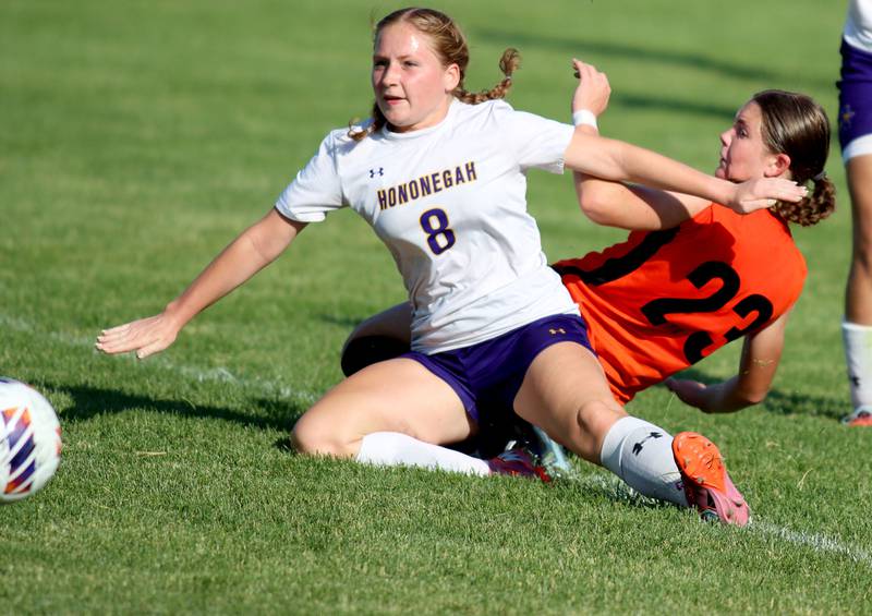 Crystal Lake Central’s Alex Hannell, back, gets tangled up with Hononegah’s Bella Thiele in IHSA Class 2A Sectional Semifinal girls soccer on Monday, May 25, 2026 at Crystal Lake Central High School in Crystal Lake.