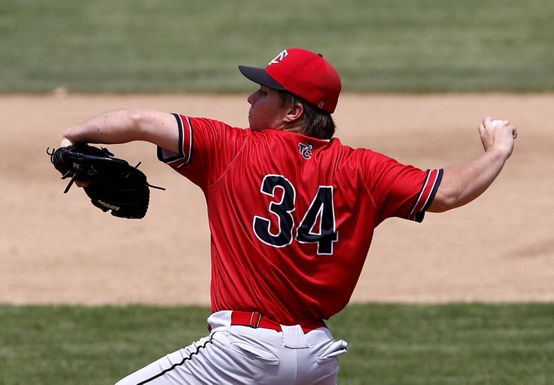 Timothy Christian’s Donald Tober throws a pitch during a IHSA Class 2A supersectional baseball game between Richmond-Burton and Timothy Christian at the Rockford Rivets Stadium in Rockford.