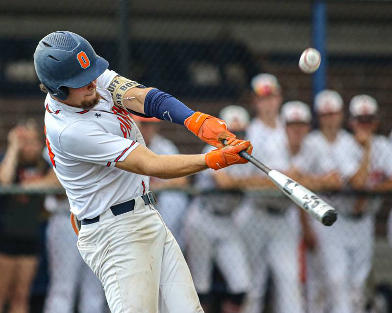 Oswego's Cade Duffin (23) swings at a pitch during Class 4A Romeoville Sectional semifinal game between Plainfield North at Oswego.  June 1, 2023.