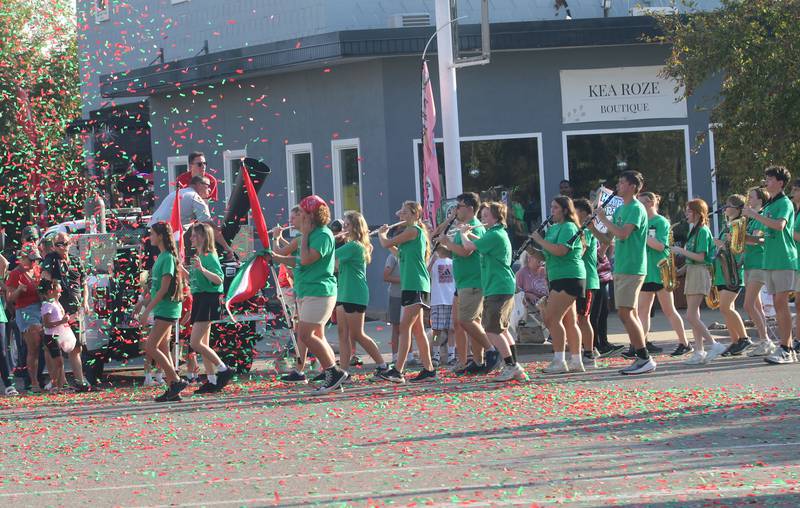 The L-P band marches through confetti during the L-P homecoming parade on Thursday, Oct. 2, 2025 downtown La Salle.