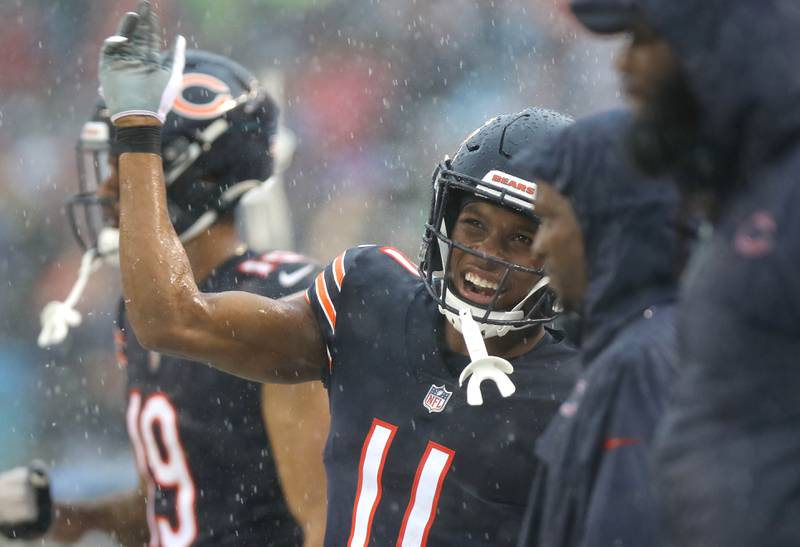 Chicago Bears wide receiver Darnell Mooney celebrates as time winds down in the Bears win over San Francisco Sunday, Sept. 11, 2022, at Soldier Field in Chicago.