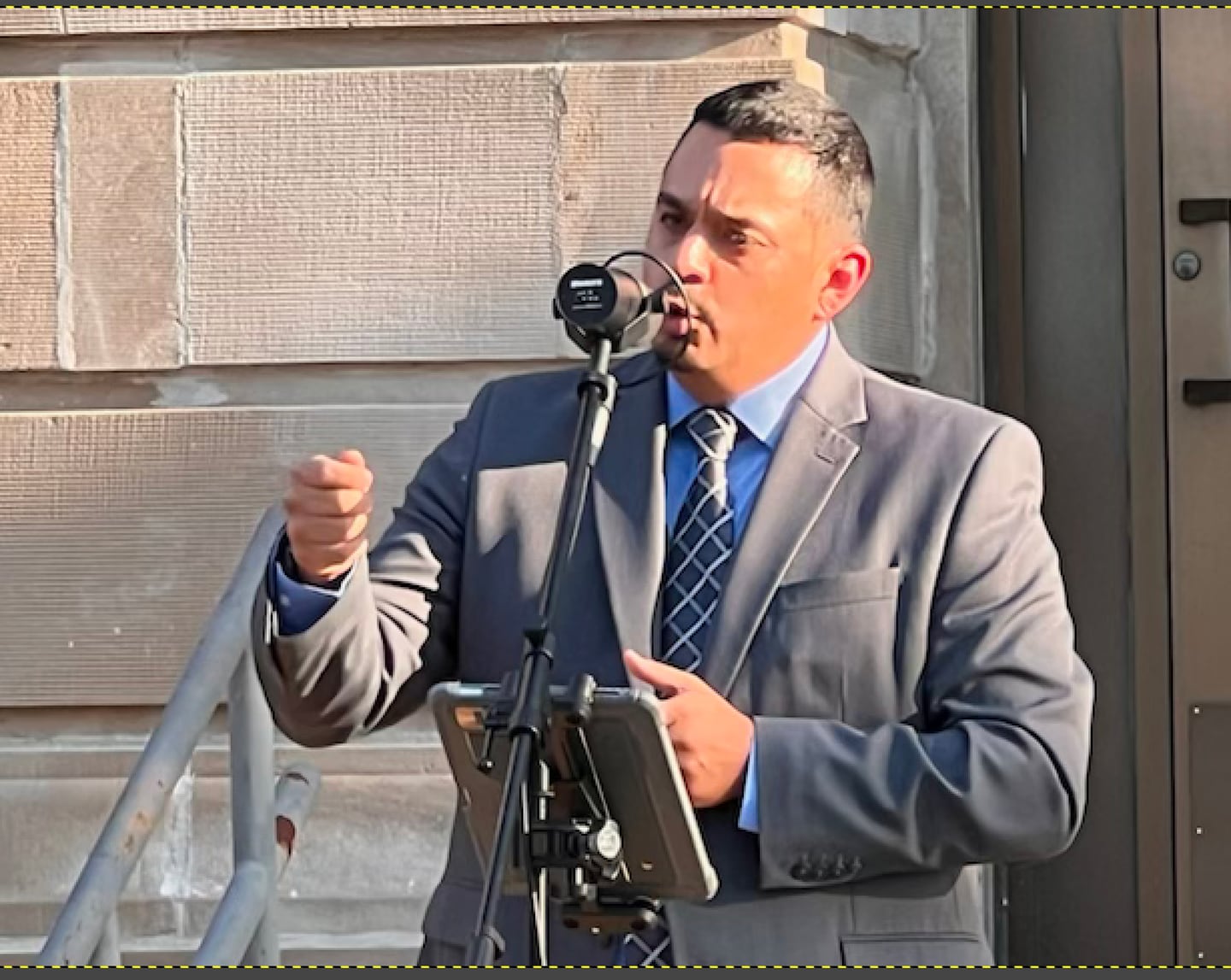 State Sen. Li Arellano addresses a crowd on Friday, Sept. 12, at the Old Lee County Courthouse in Dixon during a vigil paying tribute to the late Charlie Kirk, a conservative activist who was fatally shot Wednesday.