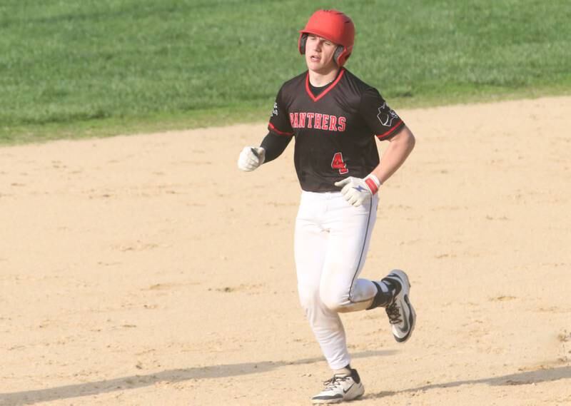 Erie-Prophetstown's Parker Rangel runs the bases after hitting a homerun against Hall on Monday, April 28, 2025 in Foley Field at Kirby Park in Spring Valley.