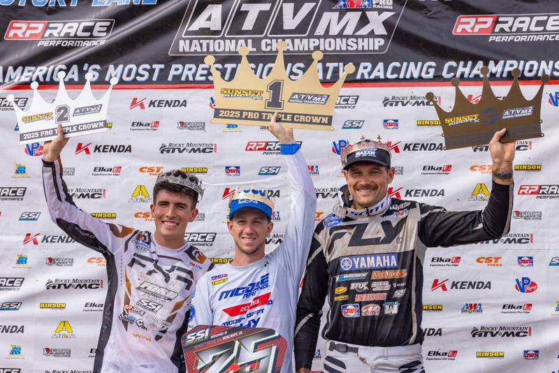 The overall event winners stand with their trophies at the top of the podium during during the ATVMX Championship race on May 24, 2025 at Sunset Ridge MX in Walnut. Joel Hettrick (middle) finished first, Cody Ford (left) finished second, and Chad Wienen (right) finished in third.