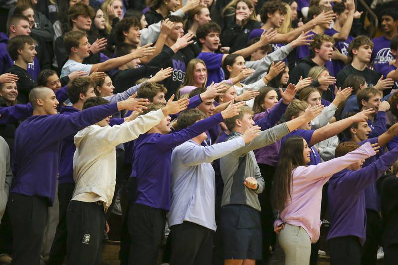 The Downers North student section cheers during Class 4A Lyons Sectional Semifinal volleyball match between Downers Grove South at Downers Grove North. Nov 4, 2025 in La Grange.