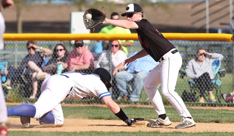Hinckley-Big Rock's Martin Ledbetter gets back safely as Indian Creek's Blake McRoberts takes the throw on a pick-off attempt Monday, May 16, 2022, at Hinckley-Big Rock High School during the play-in game to decide who will advance to participate in the Class 1A Somonauk Regional.