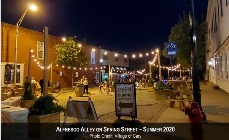 A village photo shows outdoor dining as part of Alfresco Alley on Cary's Spring Street over summer 2020.