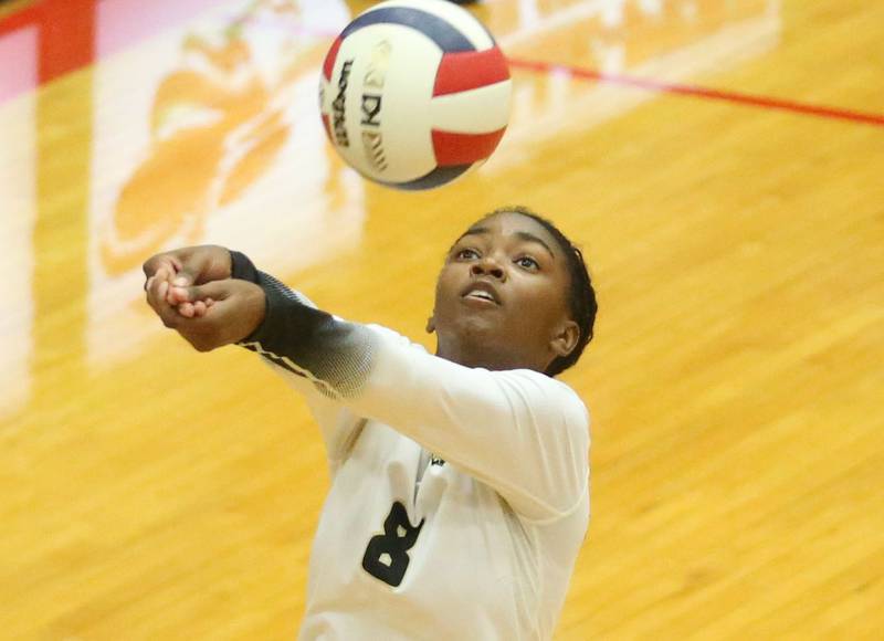 Sycamore's Khiara Thomas hits the ball in the air against L-P on Tuesday, Sept. 23, 2025 in Sellett Gymnasium at L-P High School.