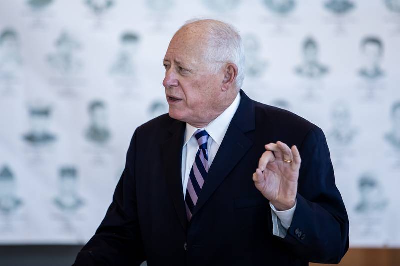 Former Governor Pat Quinn shares remarks during the opening of the 'Portrait of a Soldier' exhibit at the Will County Courthouse in Joliet, Illinois on Sept. 11, 2025.