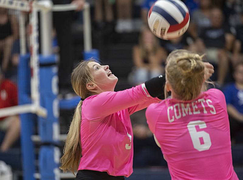 Newman’s Ellie Rude (left) plays the ball ahead of teammate Jess Johns against Oregon Wednesday, Sept. 6, 2023 in a game at Newman High School.