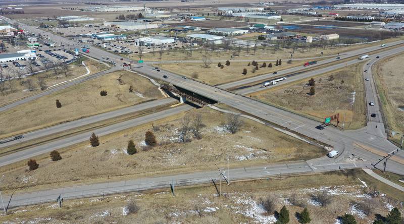 An aerial of the Illinois Route 23 and Interstate 80 interchange on Wednesday, March 18, 2026 in Ottawa. Construction work will begin Monday, March 23, on the Illinois Route 23 bridge over Interstate 80 in Ottawa, weather permitting, according to the Illinois Department of Transportation. The $1.8 million project is expected to be completed by October.