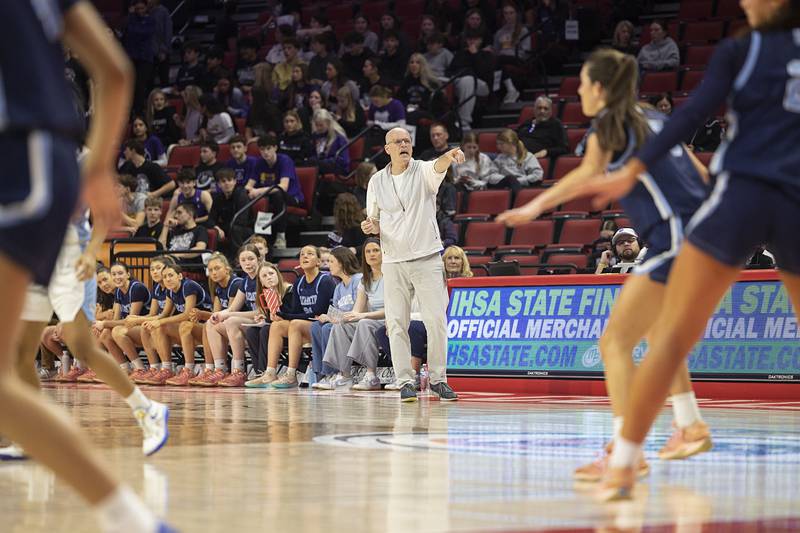 Nazareth coach Eddie Stritzel leads his team against Bellville East Friday, March 6, 2026, in the Class 4A girls state semifinal game at CEFCU Arena at ISU.