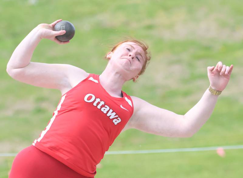 Ottawa's Gwen Jimenez throws shot put during the Class 2A Sectional track meet on Wednesday, May 13, 2026 in the Jeff Prusator Athletic Complex at Mendota High School.