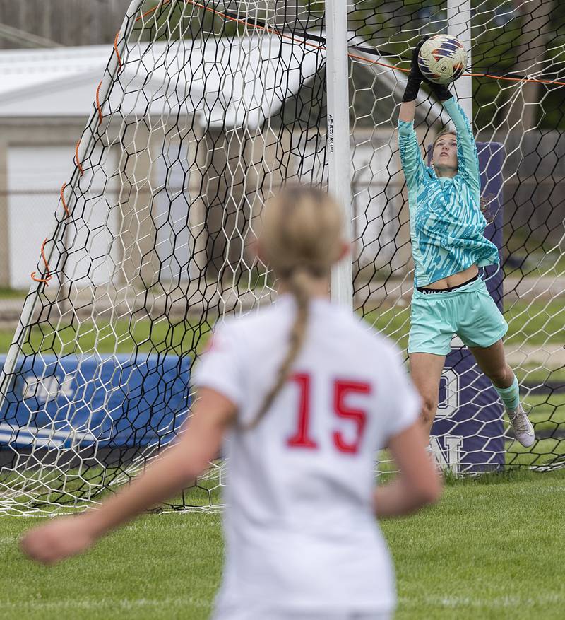 Dixon goalkeeper Zoey Williams leaps for the save against Oregon Friday, May 1, 2026.