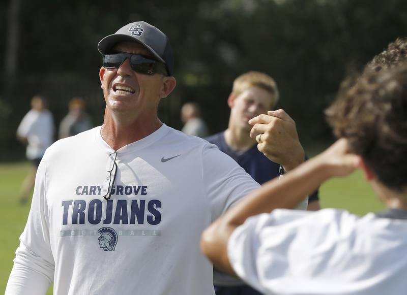 Cary-Groves head coach Brad Seaburg explains plays during Cary-Grove’s first football practice of the upcoming season on Monday, August 11, 2025, at Cary-Grove High School.