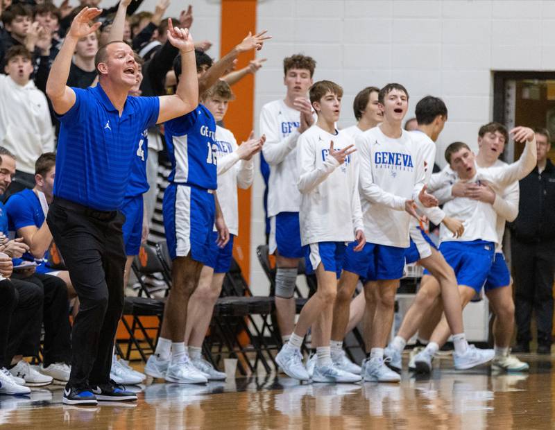 Geneva Head Coach Scott Hennig yells to his team during an away game against Wheaton Warrenville South High School on Tuesday, Dec. 3, 2024.