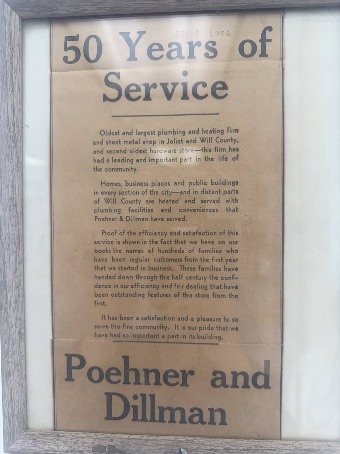 The following news article about the 50th anniversary of PDM Plumbing, Heating & Cooling in Joliet, appeared in The Herald-News in 1936.