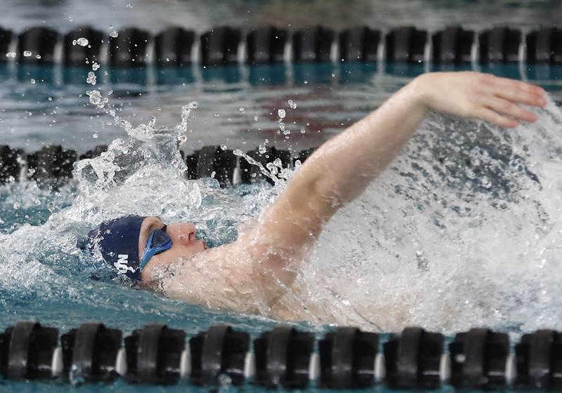 D300 Co-op’s Luke Johnson competes in the 200 IM during the Fox Valley Conference Invitational swim meet on Saturday,  Feb. 15, 2025, at Woodstock North High School.