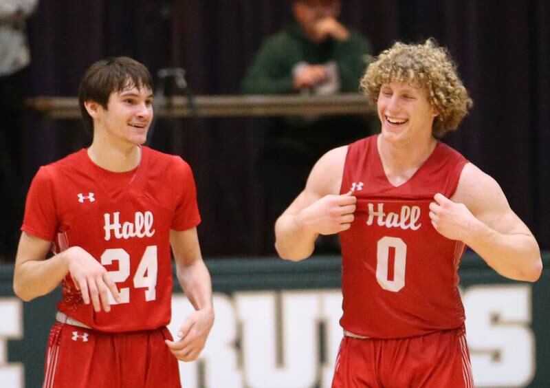 Hall's Kylan Smith (left) and Mac Resetich (right) smile in the final seconds as they cruise to victory over St. Bede on Monday, Dec. 14, 2022 at St. Bede Academy.