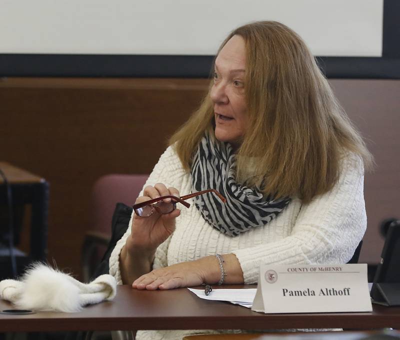 McHenry County Board member Pamela Althoff, R-McHenry, speaks at McHenry County's Law and Government Committee on Tuesday, Jan. 31, 2023, at the McHenry County Administration Building. The committee held a public comment period before it considered a resolution to oppose Illinois' newest gun ban and support its repeal.