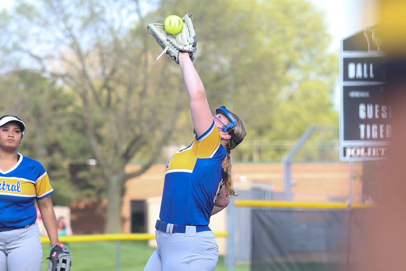 Joliet Central’s Cameron Salazar snags the infield pop up against Joliet West on Wednesday, April 22, 2026 in Joliet.