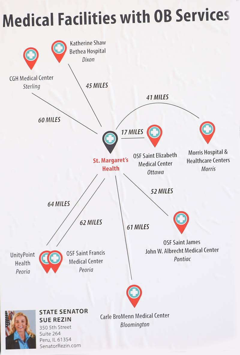 A diagram from State Sen. Sue Rezin (R-Morris) office shows how far OB services are located from Peru during a press conference regarding the recent closure of  St. Margaret's Health-Peru on Monday, Feb. 6, 2023 at Westclox in Peru.