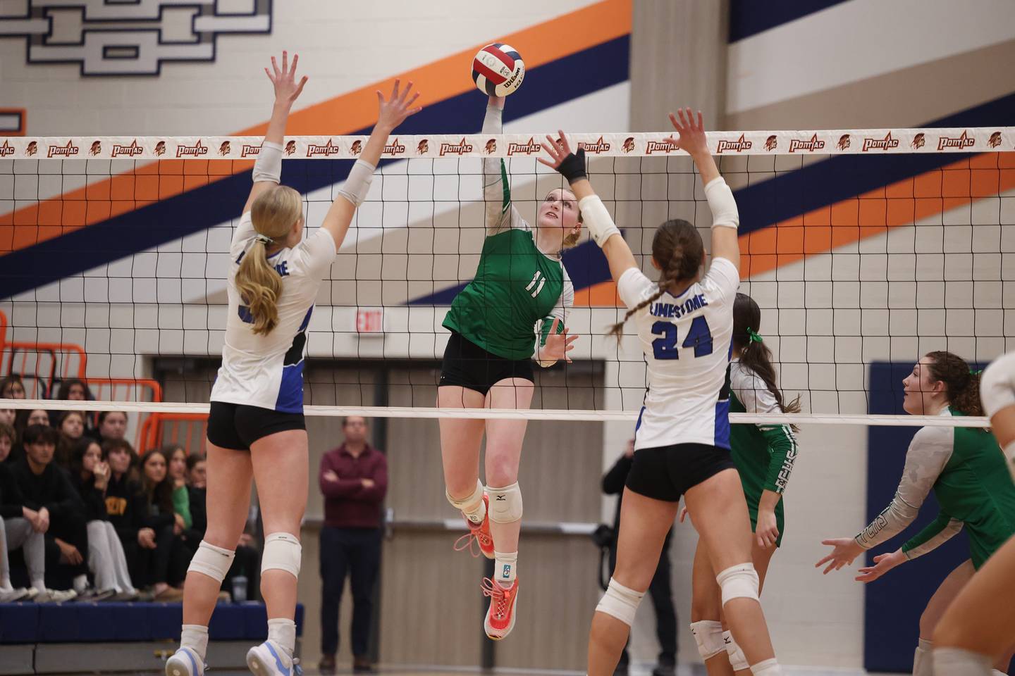 Providence’s Abbey Knight goes for the kill against Limestone in the Class 3A Pontiac Supersectional on Monday, Nov. 11, 2024 in Pontiac.