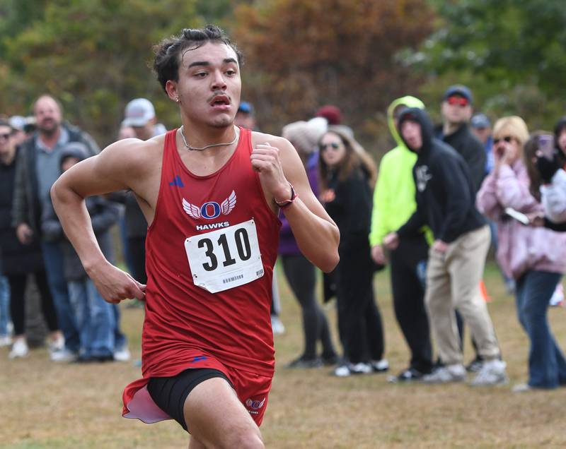 Oregon's Daniel Gonzalez sprints to the finish line of  the 1A Winnebago Boys Regional on Saturday, Oct. 25, 2025 at the Levi and Ester Fuller Memorial Forest Preserve. He placed 12th in 15:03.