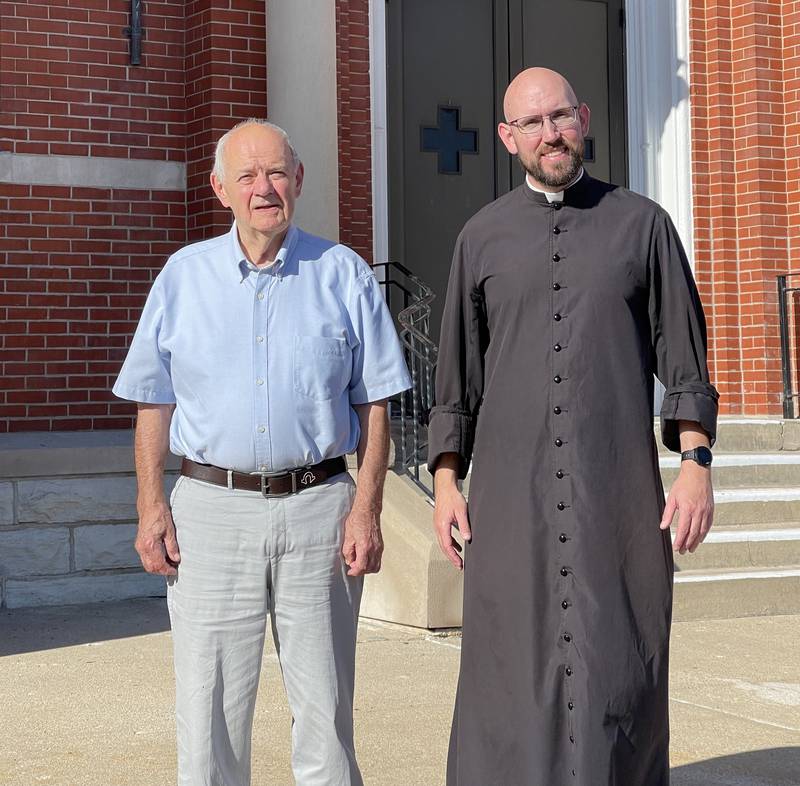 The Rev. Father Tom Otto (right), pastor of St. Hyacinth Catholic Church in La Salle, acknowledges the receipt of a $30,000 donation from Kenneth Krogulski, recording secretary of the Brotherhood, organized in 1865. The funders were applied to the Towers of Faith Capital Campaign, with a goal of $1.8 million. To date $1.5 million have been pledged to the campaign. Phase I (tuck pointing) and Phase II (roof) have been completed. Phase III (Mother's Chapel/bathrooms/confessionals) is set to begin in 2025.