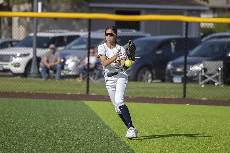 Sterling’s Lily Cantu misplays a fly ball against Newman Thursday, April 27, 2023.