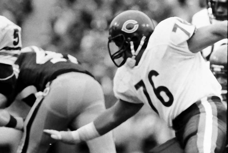 Chicago Bears defensive lineman Steve McMichael plays against the Green Bay Packers on Oct. 21, 1985. McMichael will be inducted to the NFL Hall of Fame on Saturday. This photo was found in the La Salle News Tribune film archives.