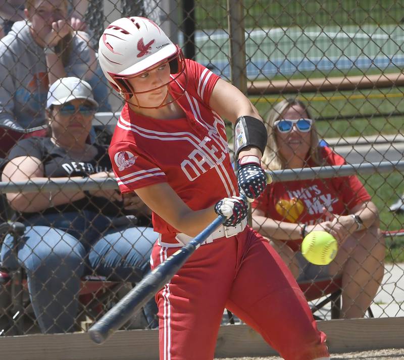 Oregon's Kendall Boyle connects on a pitch against Rock Falls at the 2A Oregon Regional on Saturday, May 23, 2026 at Oregon Park West.