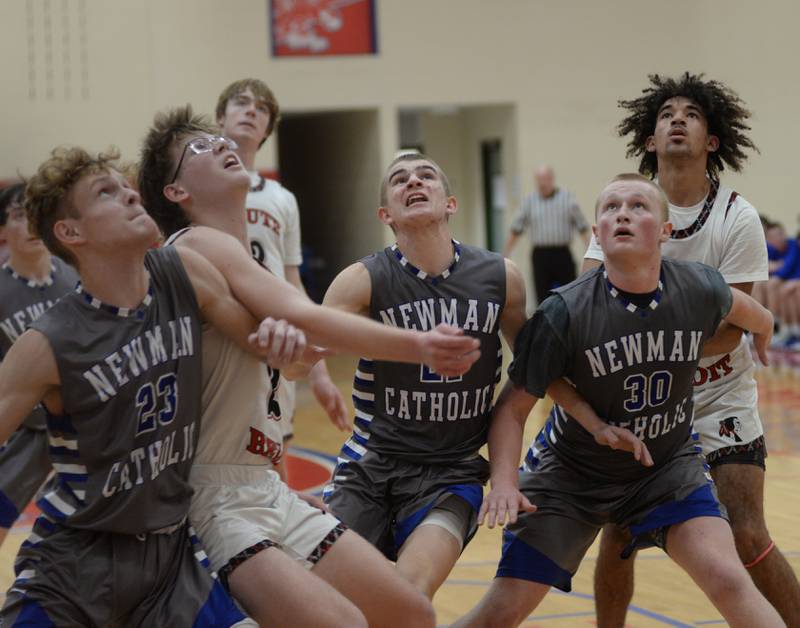 Sterling Newman's Lucas Simpson (23), Cody McBride (21), and Dax Snyder (30) box out against South Beloit during the championship game at the Oregon Thanksgiving Tournament on Saturday, Nov. 25, 2023 at the Blackhawk Center in Oregon.