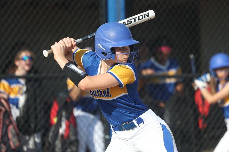 Joliet Central’s Haydn Voss locks in on a pitch against Joliet West on Monday, May 6, 2024.