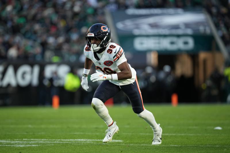 Chicago Bears' Josh Blackwell plays during an NFL football game against the Philadelphia Eagles, Friday, Nov. 28, 2025, in Philadelphia. (AP Photo/Matt Slocum)