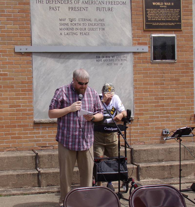 Paul Webster, pastor at Streator Central Church of Christ, gives the benediction Monday, May 27, 2024, during the Memorial Day ceremony at the Veterans Memorial Plaza in Streator's City Park.