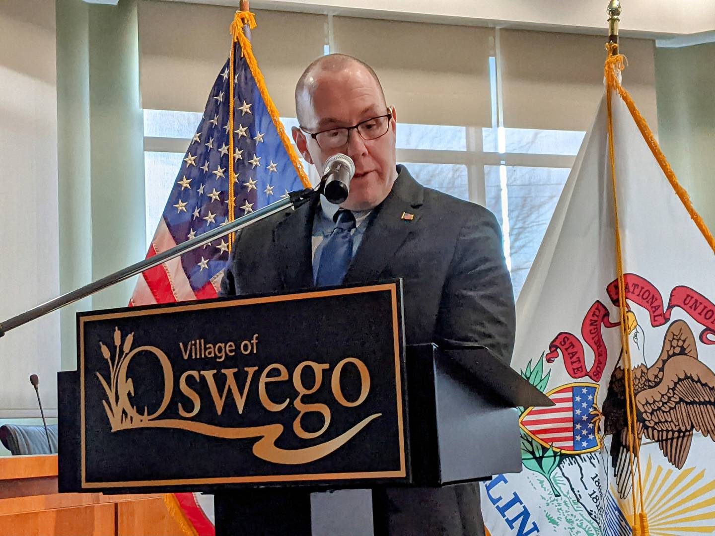 Oswego Village President Ryan Kauffman gave his State of the Village address Feb. 26 at Oswego Village Hall. The Oswego Area Chamber of Commerce hosted the event.