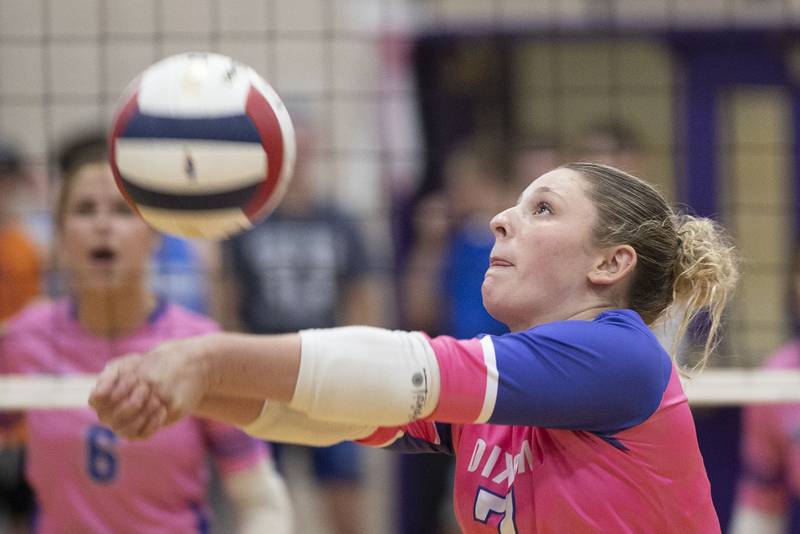 Dixon’s Presley Lappin makes a pass against Newman Thursday, Oct. 2, 2025.