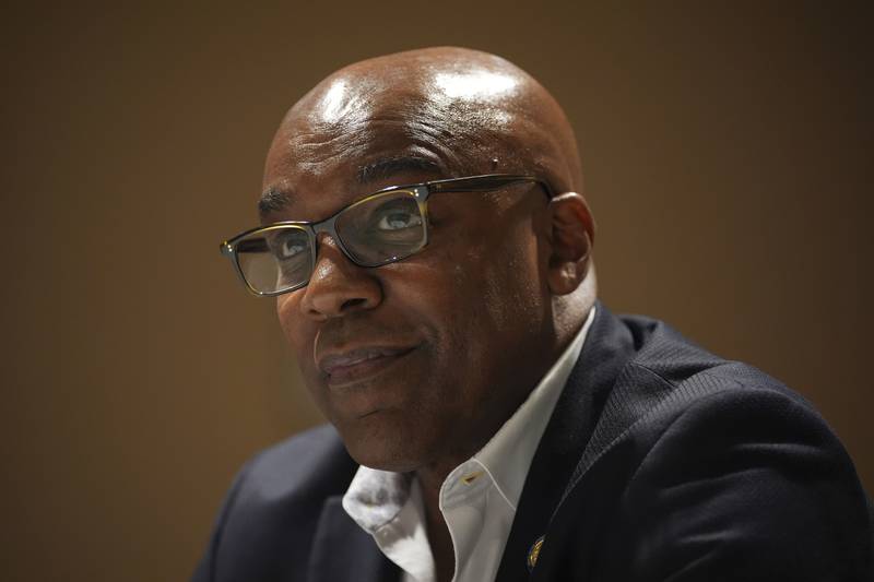 FILE - Illinois Attorney General Kwame Raoul pauses during an interview with The Associated Press, Thursday, Nov. 21, 2024, in Philadelphia. (AP Photo/Matt Slocum, File)