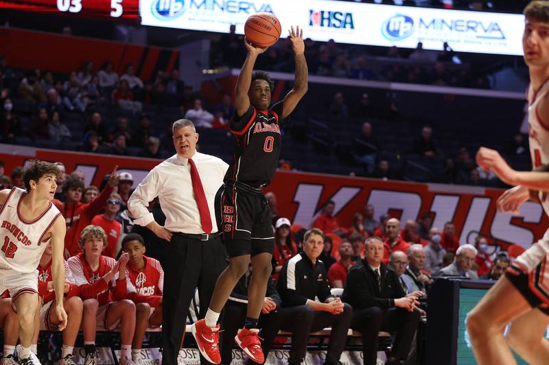 Bolingbrook’s Mekhi Cooper puts up a three point shot against Barrington in the Class 4A 3rd place match at State Farm Center in Champaign. Friday, Mar. 11, 2022, in Champaign.