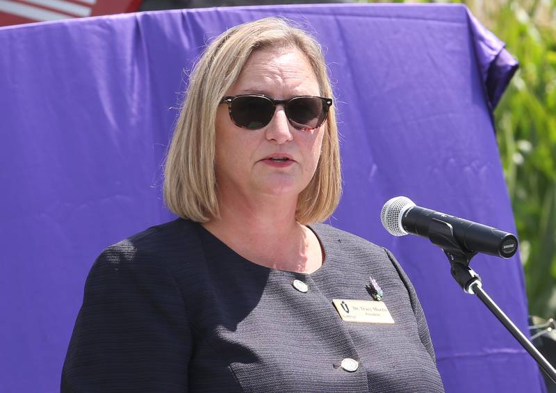Dr. Tracy Morris, President of Illinois Valley Community College, gives remarks during a groundbreaking ceremony of the new Dr. Alfred E. Wisgoski  Agricultural Education on Friday, Aug. 22, 2025 at Illinois Valley Community College in Oglesby. The new building, received a one-million dollar donation from the Wisgoski family, funds from the federal Economic Development Administration and the state of Illinois Department of Commerce and Economic Opportunity, will not only provide physical spaces that reflect the program’s growth, innovation, and capabilities, but the IVCC Agricultural Education Center will also serve as a focal point for agricultural industry activities within the community. The building will take one-year to complete.