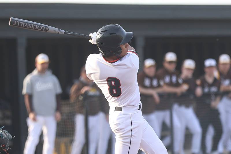 Lincoln-Way Central’s Dev Sharma drives in the go ahead run against Joliet Catholic on Wednesday, March 25, 2026 in New Lenox.