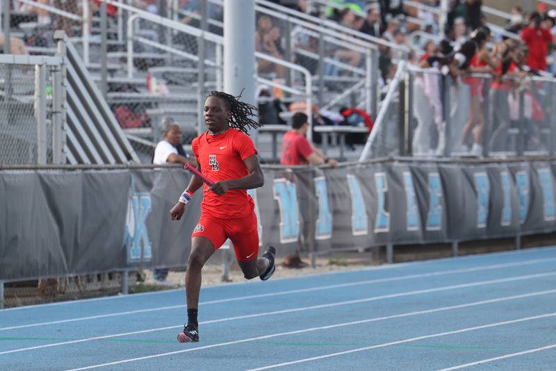 Bradley-Bourbonnais' LyZale Edmon secures first place for the Kays in the boys 4x100 relay during the All-City meet at Kankakee High School on Monday, April, 28, 2025.