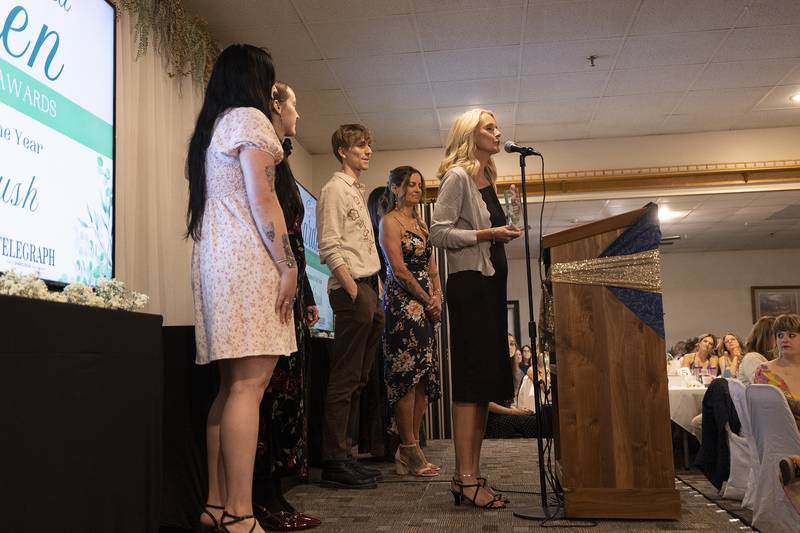 Coffee Crush owner Shelly Brantley says a few words after accepting an award for Small Business of the Year Friday, April 4, 2025, at Discover Dixon’s Best of Dixon gala. This was the first year for the small business award.
