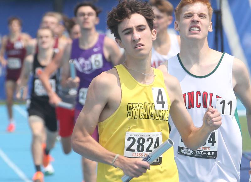 Sycamore's Corey Goff competes in the 4x800 meter run during the IHSA Class 2A Boys Track & Field State Finals on Saturday, May 31, 2025 at Eastern Illinois University in Charleston.