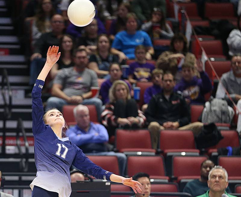 Nazareth Academy's MaryGrace Gerger sends the ball to the Taylorville side of the net in the Class 3A semifinal game on Friday, Nov. 11, 2022 at Redbird Arena in Normal.