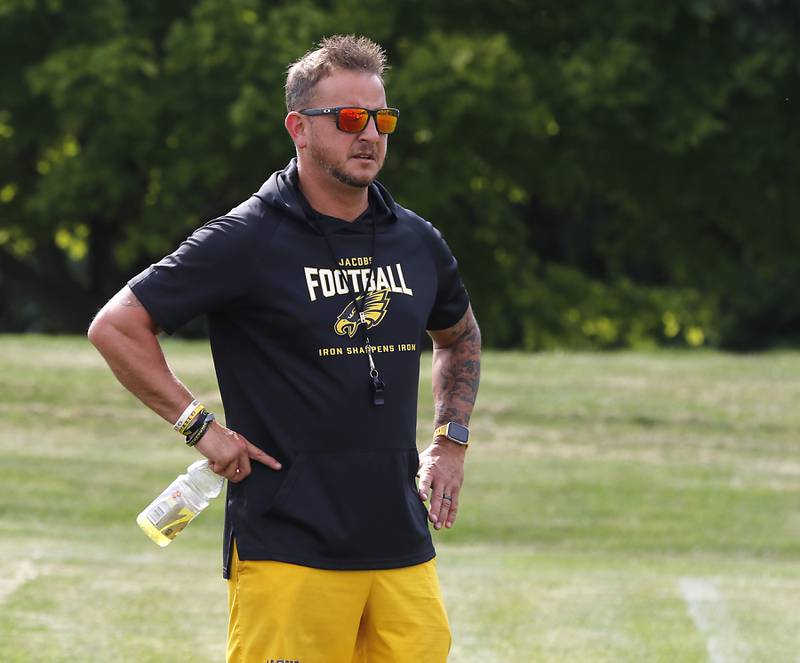 Jacobs Head Coach Brian Zimmerman.watches his team during football practice on Tuesday, August 15, 2025, at Jacobs High School in Algonquin.