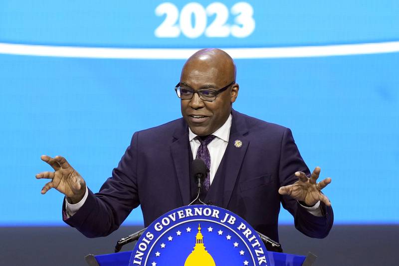 FILE - Illinois Attorney General Kwame Raoul delivers his remarks after being sworn to his second term as attorney general during ceremonies on Jan. 9, 2023, in Springfield, Ill. Raoul on Tuesday, May 23, 2023, will discuss his office’s more than four-year investigation into the alleged sexual abuse of children by Catholic clergy in the state going back decades — a probe launched by his predecessor after she found the church's own investigation to be seriously lacking. (AP Photo/Charles Rex Arbogast, File)