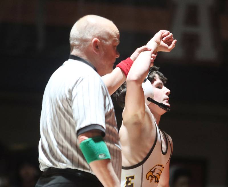 Jacobs’ Nathan Flaskamp is declared winner over Crystal Lake Central’s Jair Viveros at 113 pounds in varsity boys wrestling on Tuesday, Jan. 20, 2026 at Crystal Lake Central High School in Crystal Lake.