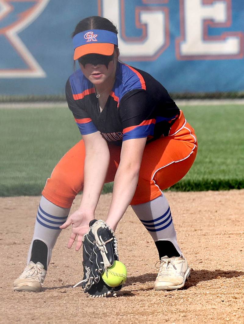 Genoa-Kingston's Olivia Vasak fields a grounder during their Class 2A Regional quarter final game against Rockford Lutheran Monday, May 15, 2023, at Genoa-Kingston High School.